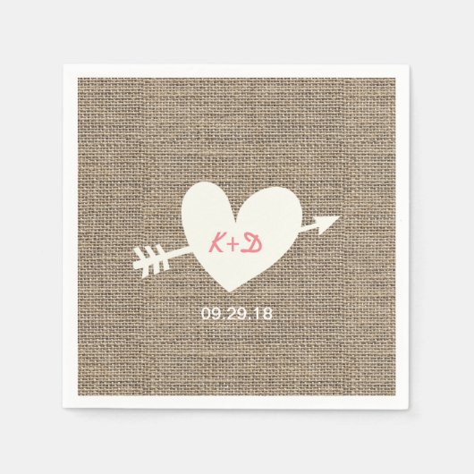 素朴の結婚ハートとアローエレガントバーラップ スタンダードカクテルナプキン (正面)