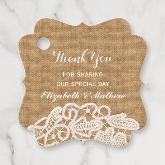 素朴の結婚バーラップレースありがとう フェイバータグ (正面)