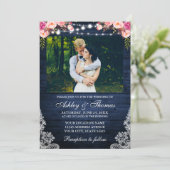 素朴の結婚ピンクのフローラブルーウッドのライト写真 招待状 (スタンド正面)