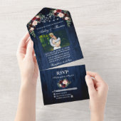 素朴の結婚フローラブルーウッドライトフォト オールインワン招待状 (貼ってはがせる)