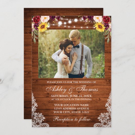 素朴の結婚フローラライトレース写真 招待状 (正面/裏面)