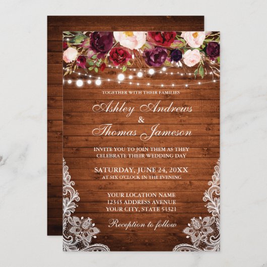 素朴の結婚フローラレースウッド招待状 招待状 (正面/裏面)