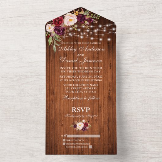 素朴の結婚フローラ木製ストリングライト オールインワン招待状 (内側)