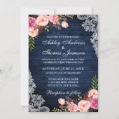 素朴の結婚ブルーウッドピンクフローラレース 招待状 (正面)