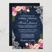 素朴の結婚ブルーウッドピンクフローラレース 招待状 (正面/裏面)