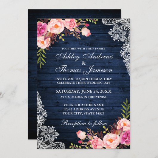 素朴の結婚ブルーウッドピンクフローラレース 招待状 (正面/裏面)