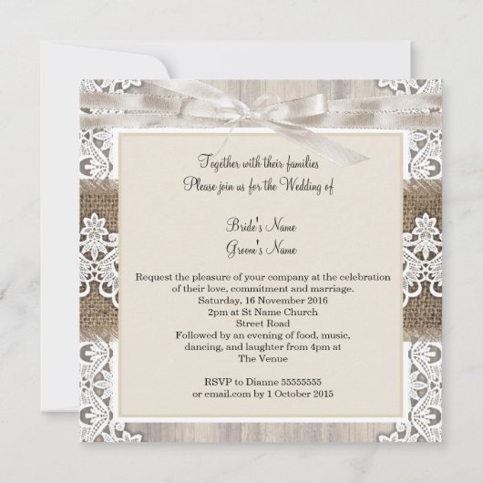 素朴の結婚ベージュホワイトレースウッドバーラップAB 招待状 (裏面)