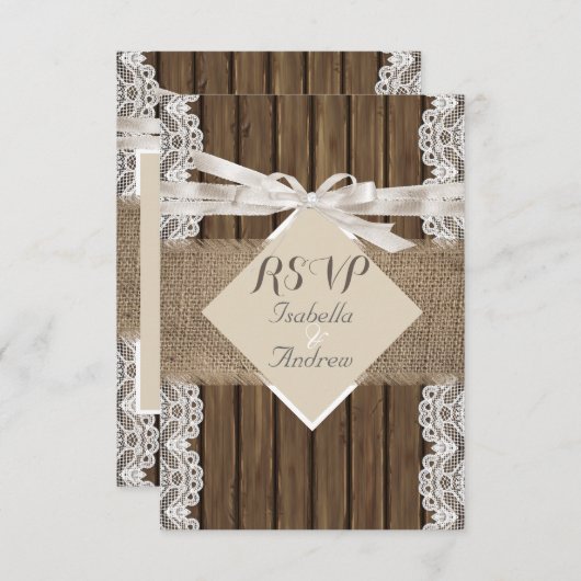 素朴の結婚ベージュRSVPレースウッドバーラップ3 出欠カード (正面/裏面)