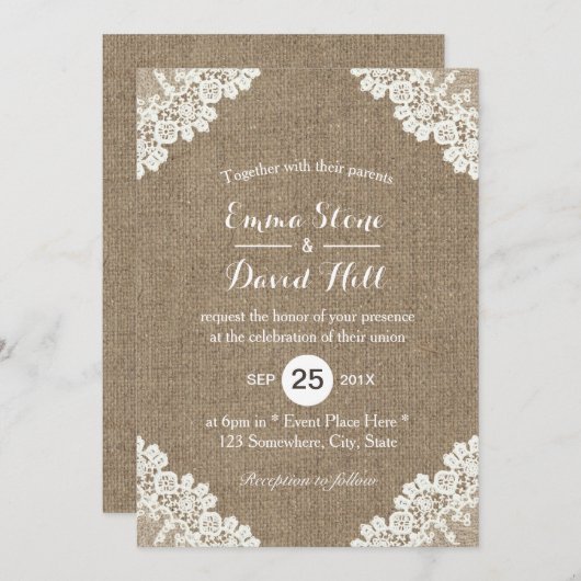 素朴の結婚ホワイトレース&バーラップヴィンテージ 招待状 (正面/裏面)