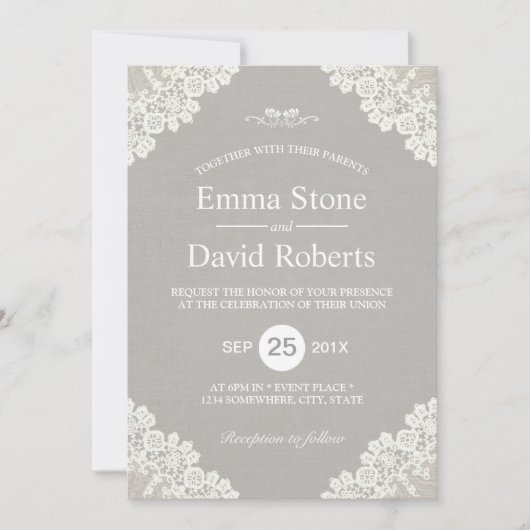 素朴の結婚ヴィンテージホワイトレースグエレガントレイ 招待状 (正面)