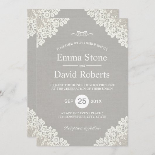素朴の結婚ヴィンテージホワイトレースグエレガントレイ 招待状 (正面/裏面)