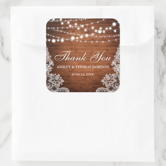 素朴の結婚木の弦のライトレースありがとう スクエアシール (バッグ)