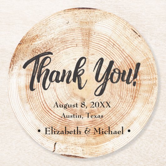 素朴の結婚木材カットありがとう磁石 ラウンドペーパーコースター (正面)