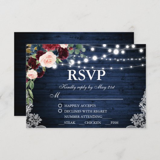 素朴の結婚木材ブルーブルゴーニュフローラRSVPご飯 出欠カード (正面/裏面)