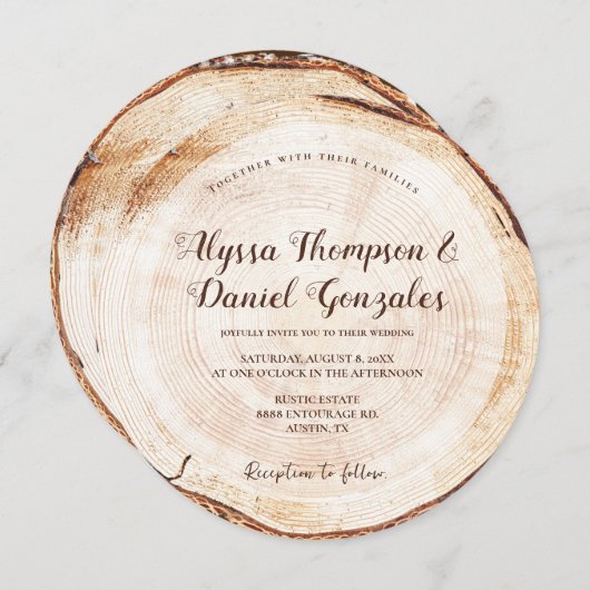 素朴の結婚木目の切り目のスクリプト名 招待状 (正面/裏面)