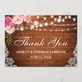 素朴の結婚木製ピンクのフローラライトレース感謝してい サンキューカード