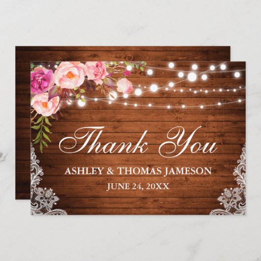 素朴の結婚木製ピンクのフローラライトレース感謝してい サンキューカード (正面/裏面)
