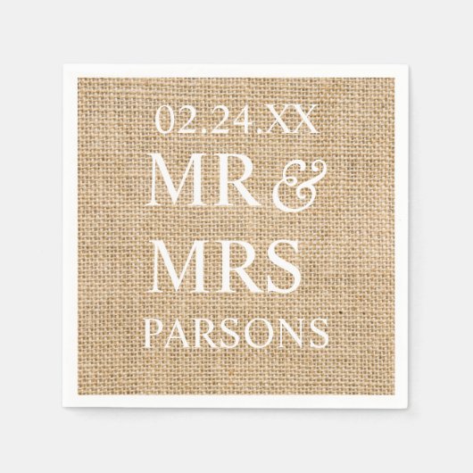素朴の結婚Burlapトレンディー結婚の氏名日付 スタンダードカクテルナプキン (正面)