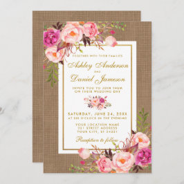 素朴の結婚Burlapピンクのフローラ結婚式の招待 招待状
