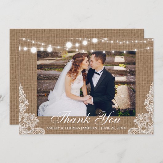素朴の結婚Burlap Lights Lace写真ありがとう サンキューカード (正面/裏面)