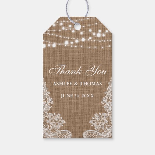 素朴の結婚Burlap String Lights Lace Thank You ギフトタグ (正面)