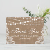 素朴の結婚Burlap String Lights Lace Thank You サンキューカード (スタンド正面)