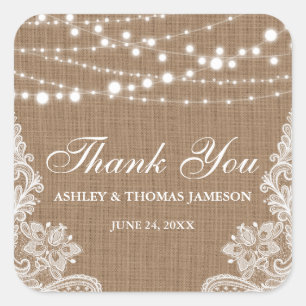 素朴の結婚Burlap String Lights Lace Thank You スクエアシール