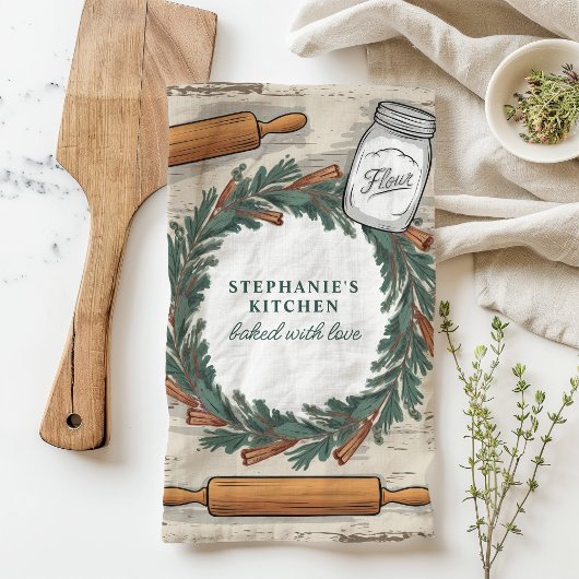 素朴の転がピンリースパーソナライズされたクリスマス キッチンタオル