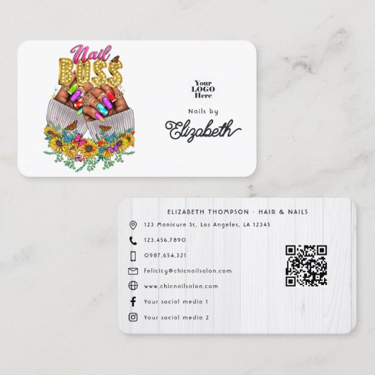 素朴ひまわりアフリカ系アメリカ爪、 ネイルボス 名刺 (正面/裏面)