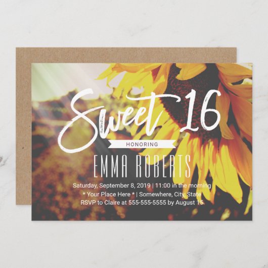 素朴ひまわりエレガントフローラスウィート16誕生日 招待状 (正面/裏面)