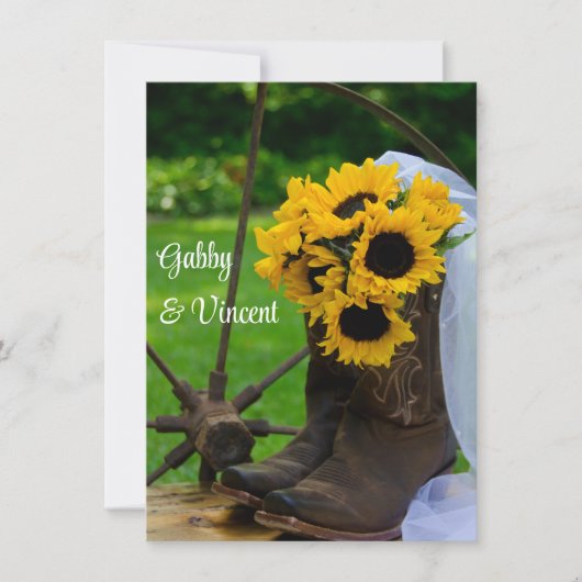 素朴ひまわりカウボーイ結婚ブーツのフラットノート ノートカード (正面)