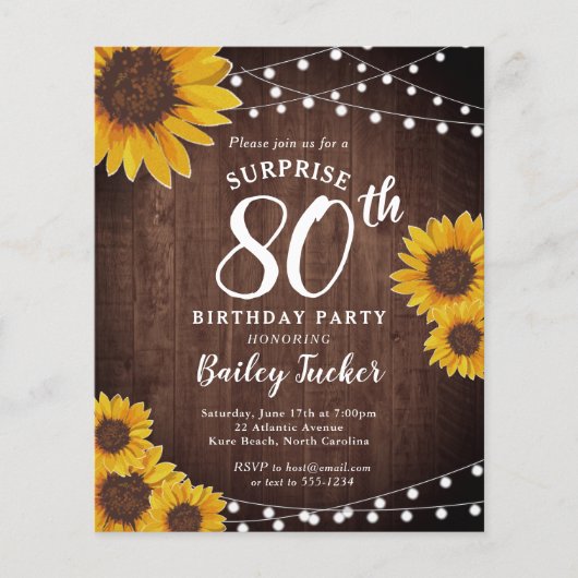 素朴ひまわりサプライズ80誕生日招待状 (正面)