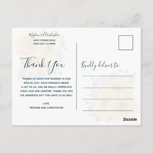 素朴ひまわりシックティール（緑がかった色）バラ結婚ズサンキューユー ポストカード (裏面)