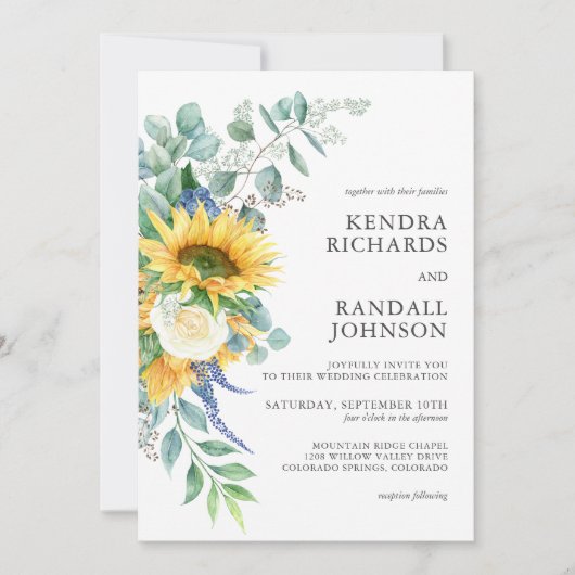 素朴ひまわりバラフローラ結婚ズ 招待状 (正面)