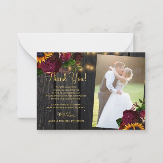 素朴ひまわりバラ2枚結婚の写真は感謝していあなた ノートカード (正面)