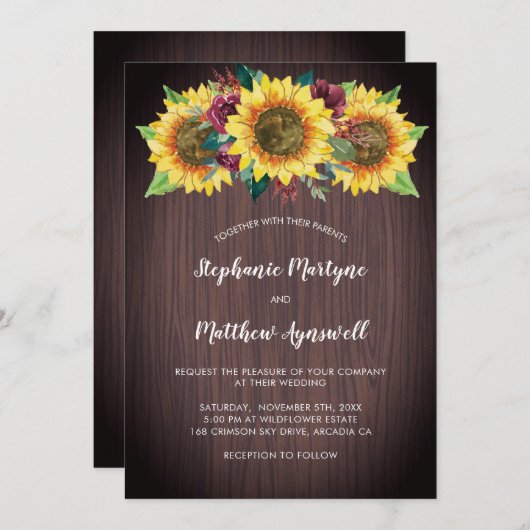 素朴ひまわりバーガンディフローラウッドズ結婚ーズ 招待状 (正面/裏面)