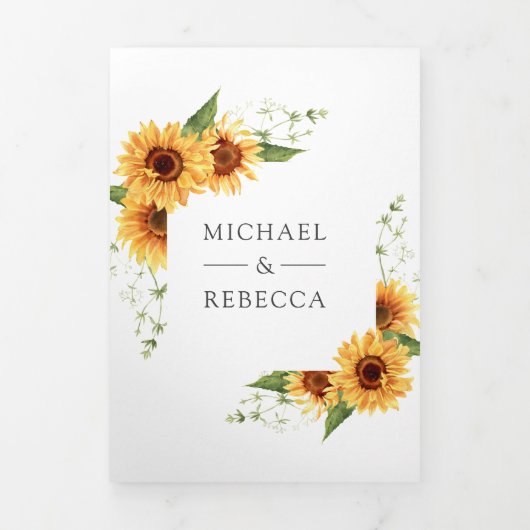 素朴ひまわりフォトアーチQRコード結婚s 三つ折り招待状 (カバー)
