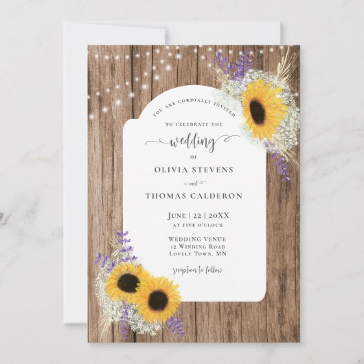 素朴ひまわりフローラフレームウッドバ結婚ーン 招待状 (正面)