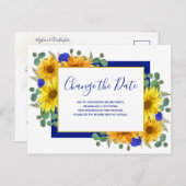 素朴ひまわりブルーバラ結婚の日付の変更 案内ポストカード (正面/裏面)