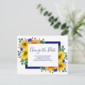 素朴ひまわりブルーバラ結婚の日付の変更 案内ポストカード (スタンド正面)