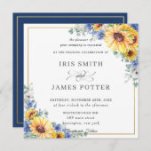 素朴ひまわりブルーフローラ結婚金ゴールドズスクエア 招待状 (正面/裏面)