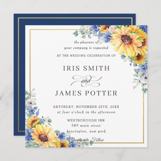 素朴ひまわりブルーフローラ結婚金ゴールドズスクエア 招待状 (正面/裏面)