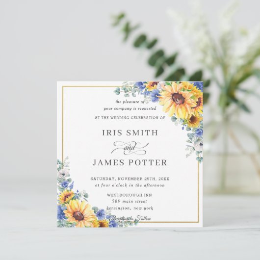 素朴ひまわりブルーフローラ結婚金ゴールドズスクエア 招待状 (スタンド正面)