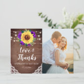 素朴ひまわりレース紫のフローラの結婚写真 サンキューカード (スタンド正面)