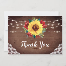 素朴ひまわりレース赤フローラウッド結婚ズ サンキューカード