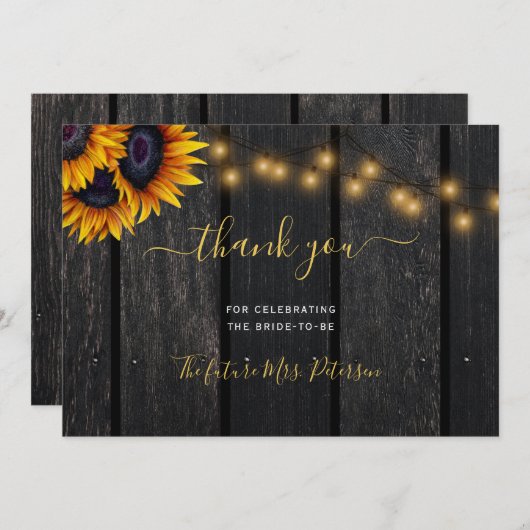 素朴ひまわり納屋の木台本ブライダルシャワーth サンキューカード (正面/裏面)