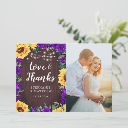 素朴ひまわり紫フローラ結婚の写真 サンキューカード (スタンド正面)