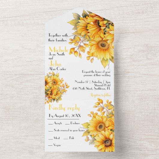 素朴ひまわり結婚黄色 オールインワン招待状 (内側)