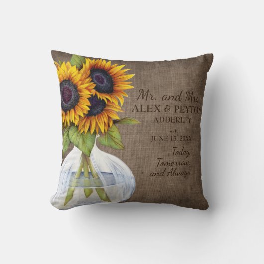 素朴ひまわり花瓶結婚Burlapの日付 クッション (正面)