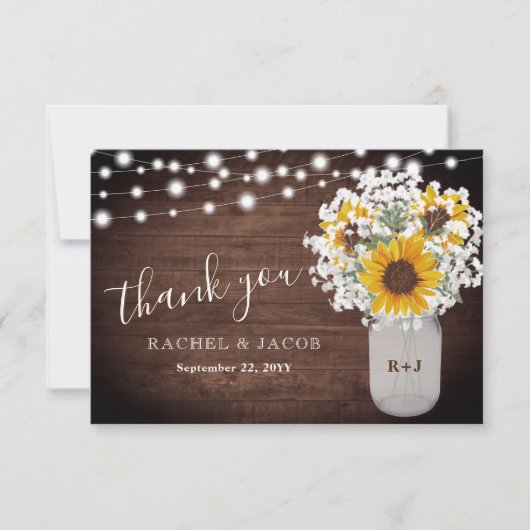 素朴ひまわり赤ちゃんの息のメイソンジャー結婚ズ サンキューカード (正面)